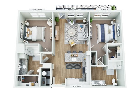 Floor plan for 2 beds, 2 baths, 993 sqft